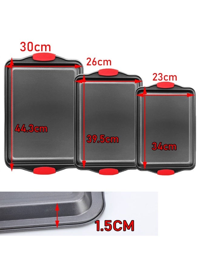 مجموعة صواني خبز غير لاصقة مكونة من 3 قطع (كبير، متوسط، صغير)، صواني فرن من الفولاذ الكربوني بمقابض سيليكون، غير سامة، مقاومة للتشوه والصدأ، سهلة التنظيف، آمنة للاستخدام في الفرن، مناسبة للكعك والبراونيز والبيتزا، آمنة للغسل في غسالة الصحون للخبز في المطبخ - Image 2